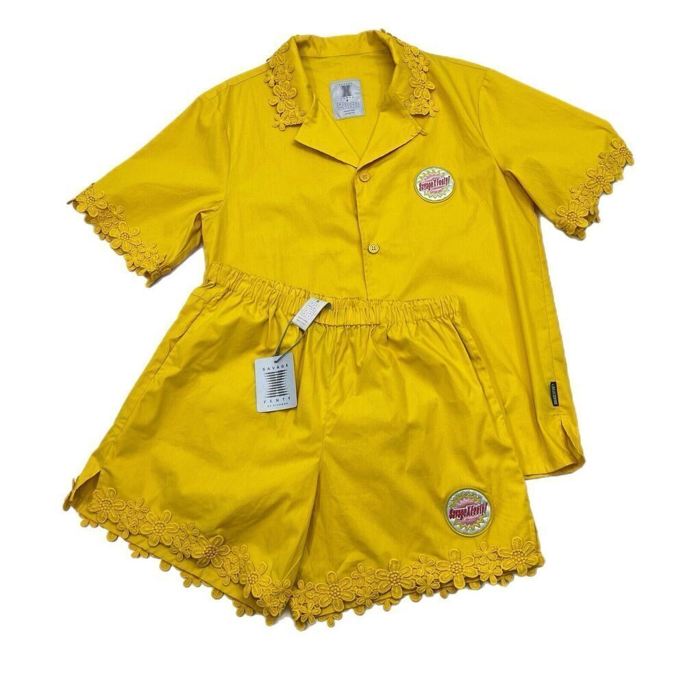 NWT Savage X Fenty 2-pc Sleepwear Set Button Down Top - Shorts SMALL Yellow Lace